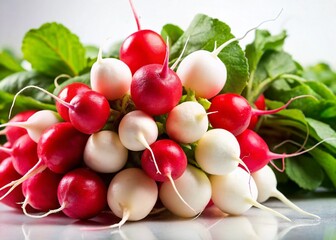 Fresh Radishes: Vibrant Red & White Roots, Isolated on White Background