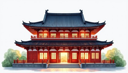 Naklejka premium Isolated digital art of a traditional Asian pagoda with a red roof on a pristine white background. A traditional Japanese pagoda with red and black roofing and windows.