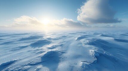 Obraz premium Arctic winter landscape, sunlit snowdrifts, clear sky, background mist