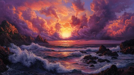 Dramatic seascape with radiant sunset and churning waves against rocky coast