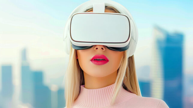 Young European woman immersed in a virtual world, wearing VR glasses against a blurred city backdrop, exploring new realities.