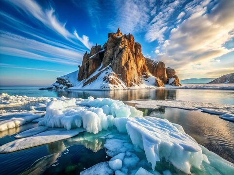 Frozen Ogoy Island, Lake Baikal Winter Landscape, Siberia, Russia, Ice, Snow