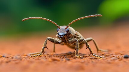 Fototapeta premium A striking brown and black bug with long antennae sits against a softly blurred background, creating a captivating scene.
