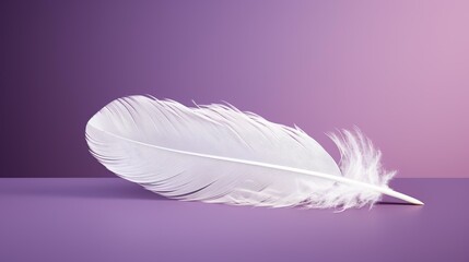 Obraz premium A delicate white feather rests on a rich purple background, creating an elegant and serene atmosphere perfect for design.