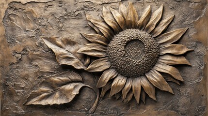 Explore the beauty of a sunflower relief in warm bronze tones, featuring intricate textures for your home decor. Ideal for any space
