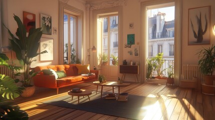 Fototapeta premium Sunlit Parisian apartment living room with orange sofa, plants, and city view.