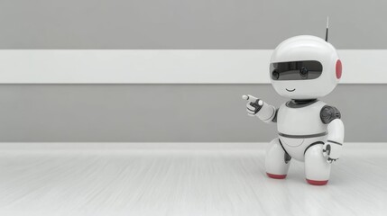 Fototapeta premium A cheerful robot pointing in a minimalist indoor setting.