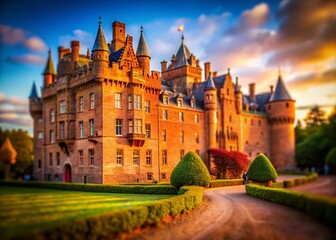 Fototapeta premium Glamis Castle Scotland: Red Sandstone Facade Tilt-Shift Miniature Photography