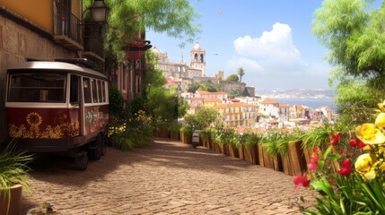 Naklejka premium Charming cobblestone street with a vintage tram and vibrant flowers.