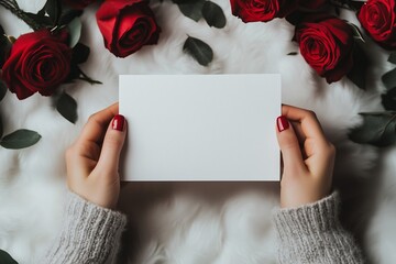 A pair of hands holding a blank card surrounded by red roses, with soft white fabric as the background, creating an elegant and romantic atmosphere