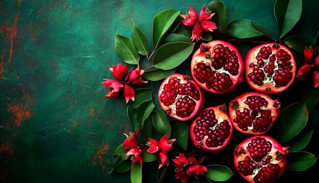 Pomegranates in the Iranian Yalda Tradition. Background with Leaves and Pomegranates. The Longest Night of the Year. Happy Yalda Night	
