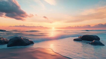 A beautiful sunset over the ocean with a rocky shoreline