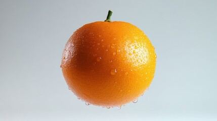 A juicy orange floating mid-air with water droplets splashing around, isolated on a clean white background with copy space.