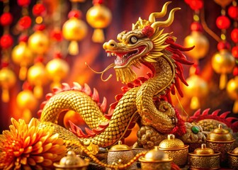 Fototapeta premium Golden Dragon with Red Tassels - Lunar New Year Festive Food Photography