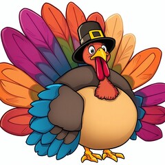 A cartoon turkey adorned with vibrant feathers and a pilgrim hat
