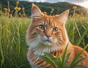 Playful Orange Cat in a Serene Meadow at Sunset