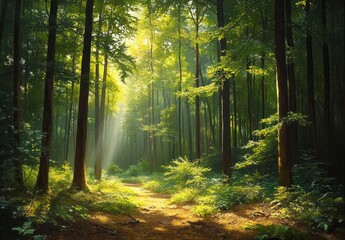 Obraz premium Lush Forest with Sunlight Rays Shining Through Misty Tree Branches and Vibrant Green Foliage