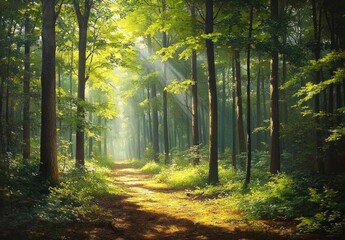 Obraz premium Lush Woodland with Sunlight Rays Shining Through Misty Trees and Vibrant Green Foliage