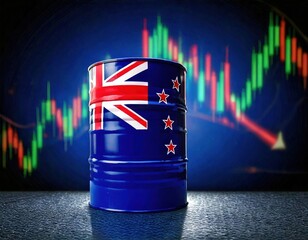 Oil barrel with New Zealand flag in front of financial market graph during trading activity