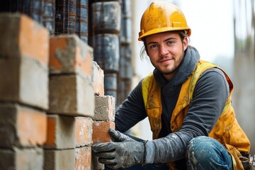 Happy Young Female Construction Worker Crouching with Trowel on Plank at Construction Site