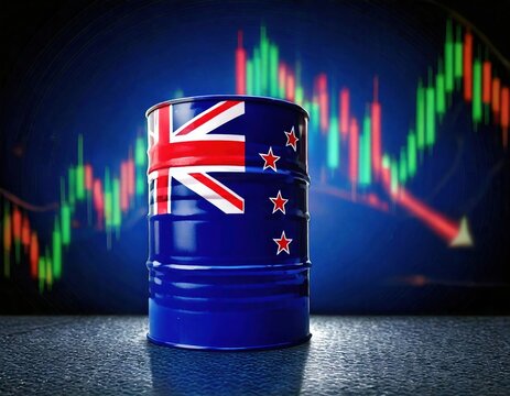 Oil barrel with New Zealand flag in front of financial market graph during trading activity - Powered by Adobe