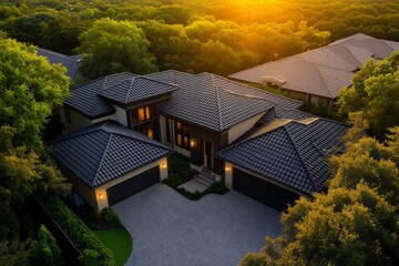 Aerial view of a modern house with dark roofs, surrounded by lush greenery, with the golden light of sunset illuminating the scene, offering a peaceful and picturesque suburban atmosphere