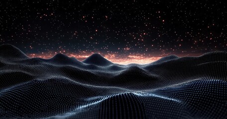 Futuristic Low Poly Landscape with Grid Terrain and Starry Night Sky in 3D Perspective Wireframe