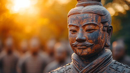 A close-up of a terracotta soldier with a blurred modern army in the background, symbolizing the contrast between ancient and modern forces. Bright tones and empty space create a sense of chaos
