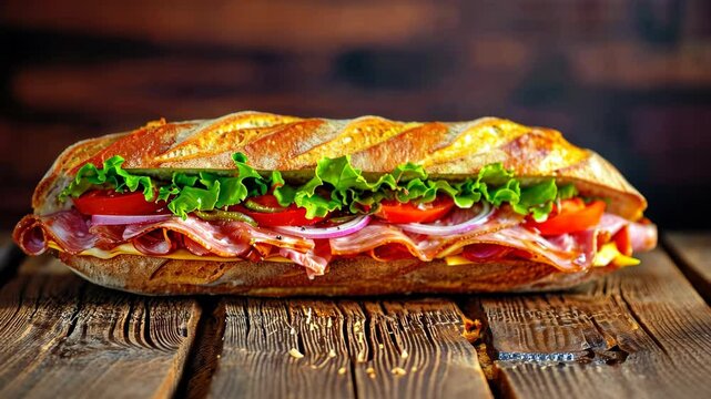 Submarine sandwich with ham or jamon, cheese, lettuce, tomatoes, onion, mortadella, and sausage on a rustic wooden table, a savory delight, Ai Generated.