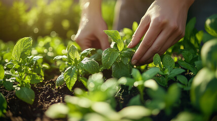 日本人の手元が庭のハーブを育てるナチュラルなひととき