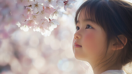 Fototapeta premium 桜のアーチの下、未来を見据える小学生の表情