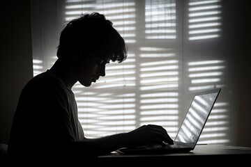 Indian Student Studying in College Classroom with Laptop and Notebook in Soft Light