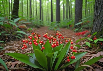 Vibrant Red Berries of Lily of the Valley in Autumn Forest
