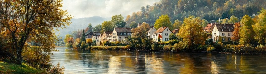 Autumn Riverside Village by Neckar River in Heidelberg Germany with Warm Sunlight and Quaint Houses