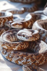 Obraz premium A Rattlesnake Lies on Sandy Ground with Its Head Facing the Camera, Showcasing Its Brown Color and Intricate Scales