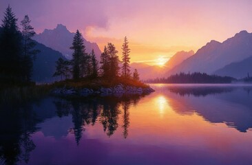 Fototapeta premium Tranquil Lake at Sunset Surrounded by Majestic Mountains and Lush Trees
