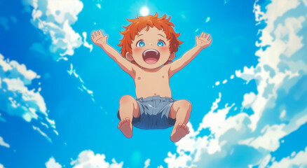 Happy anime baby playing under bright blue sky with clouds
