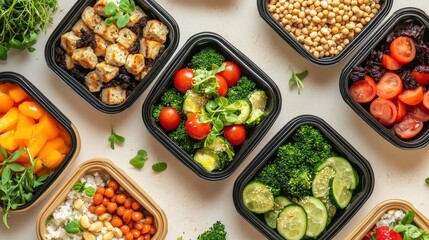 Assorted healthy meals in eco-friendly boxes, vibrant colors, nutritious variety. 