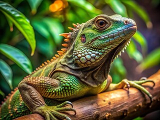 Obraz premium Green-Brown Lizard on Branch - Domesticated Reptile in Zoo Setting