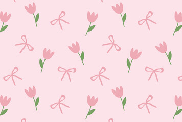 Seamless pattern with tulips and bows. Cute spring floral print. Feminine background for websites, printing on children's clothing, woven fabrics, packaging and other surfaces. 