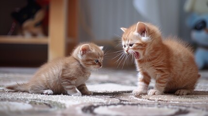 Two playful orange kittens interacting on a cozy carpet, with toys and a bright room in the background