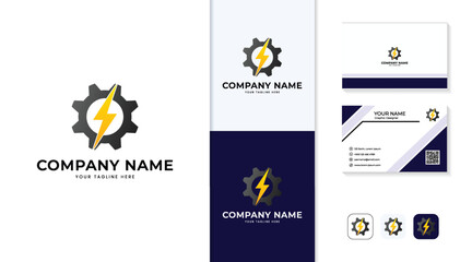electric gear logo, industrial manufacturing logo, technical and engineering service logo, and technology and equipment suppliers logos including business card