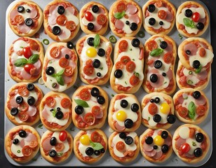 Fototapeta premium Colorful Savory Mini Pizzas: Perfect Party Snacks for Every Occasion
