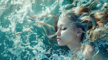 A serene underwater scene featuring a young woman with flowing hair, surrounded by fish in a tranquil ocean environment