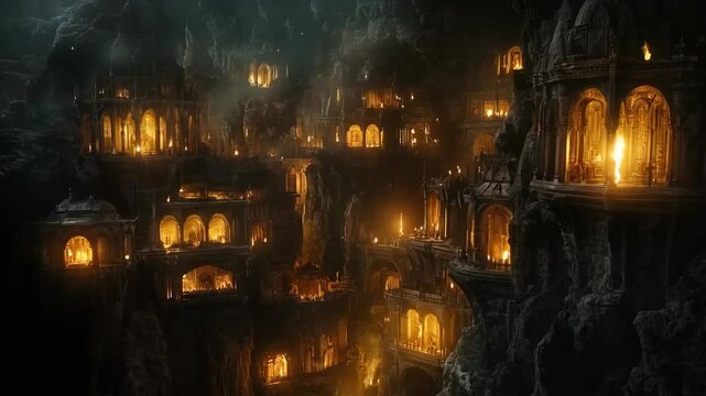 Mysterious underground city illuminated by golden lights in vast cavern. Ancient dwarf kingdom hidden deep within mountain. Concept of fantasy world and subterranean civilization