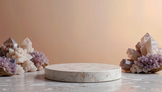 Modern Luxury Podium:  Elegant Marble Texture, Raw Amethyst, and Quartz Crystals for E-commerce Design