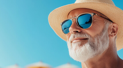 Confident elderly man enjoying a sunny day at the beach, wearing sunglasses and a straw hat against a clear blue sky.