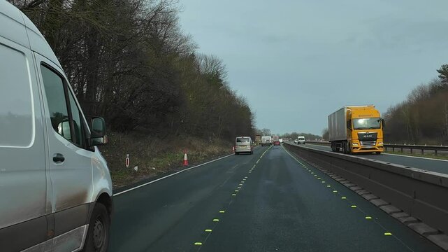 Exeter Devon England UK. 10.02.2025. Video. M5 north of Exeter on road works section where highway is reduced to two lanes for safety.