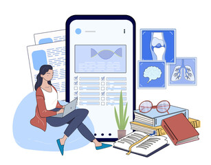 Fototapeta premium Woman sitting with a laptop, analyzing medical data on a large smartphone screen. Surrounding her are books, documents, and X-ray images. Concept of online medical education. Vector illustration