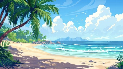 Obraz premium Serene tropical beach scene with palm trees, gentle waves, distant mountains, and a clear blue sky, ideal for relaxation